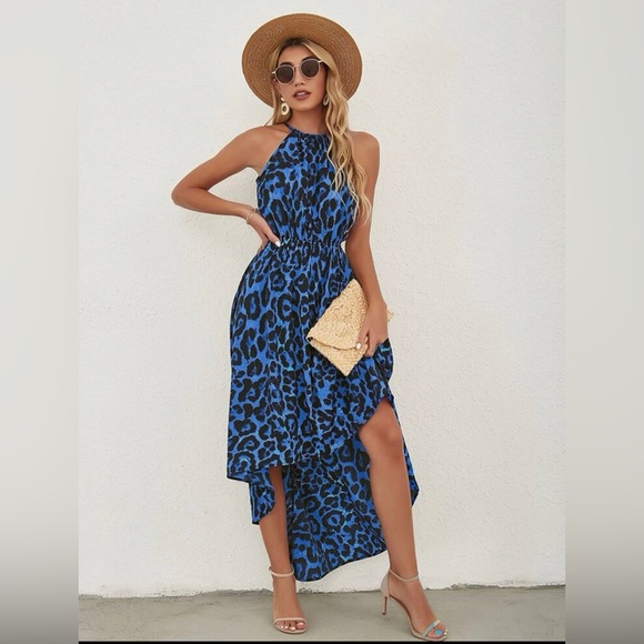 New Leopard Print Backless Asymmetrical Halter Dress - Picture 4 of 6